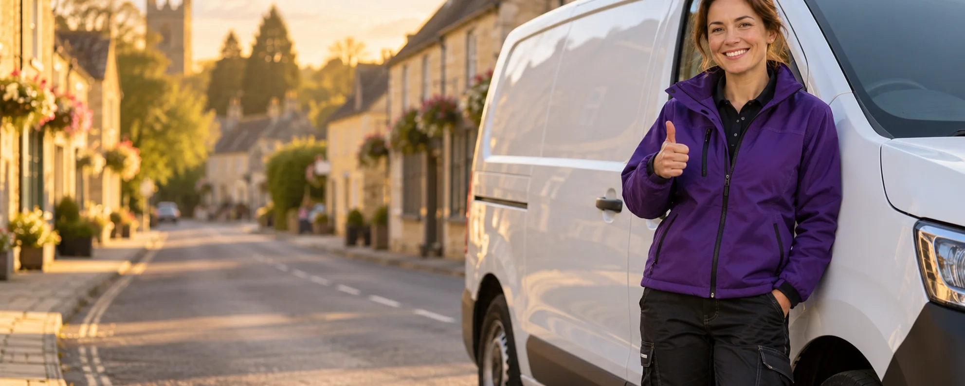 Illustrative AI-generated image of a multi-trade worker beside an unbranded white work van, giving a thumbs-up.