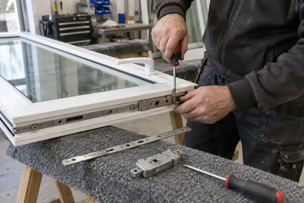 Technician replacing a tilt-and-turn window gearbox on a supported sash