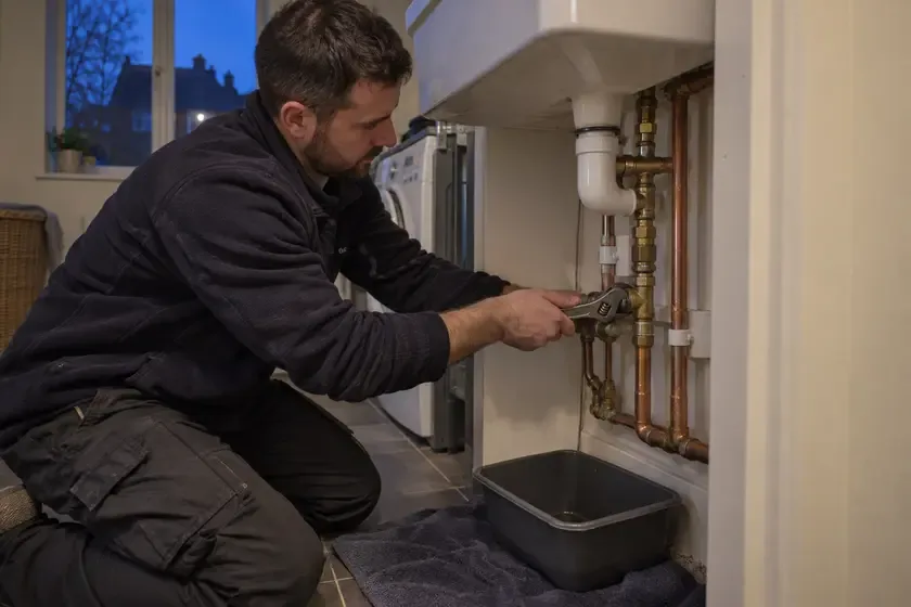 Plumber repairing utility-room water pipework at dusk.