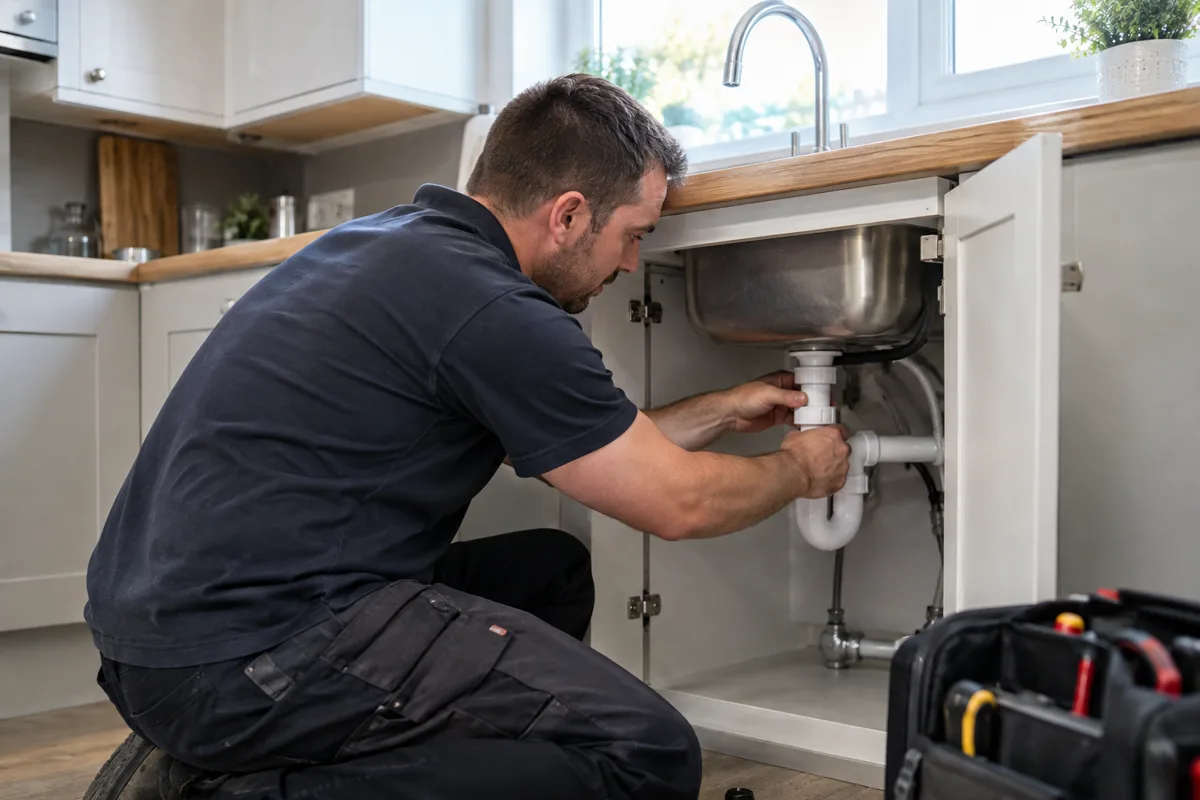 Plumber fitting a kitchen sink waste trap