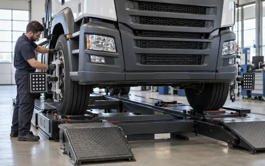 Technician adjusts alignment targets clamped to the front wheels of a truck on an alignment rack.