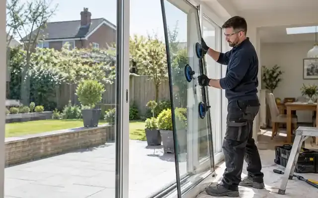 Glazier handles a large patio-door glass panel with suction grips.