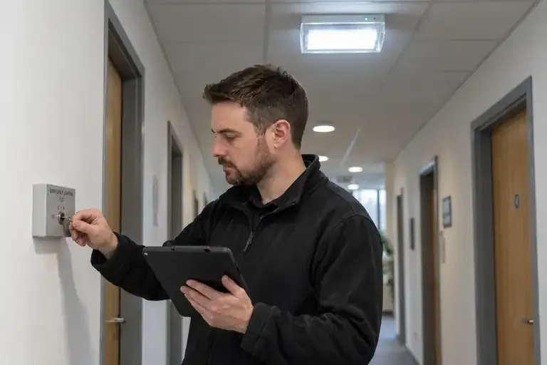 Emergency lighting testing: a professional electrician assessing or carrying out the electrical work.