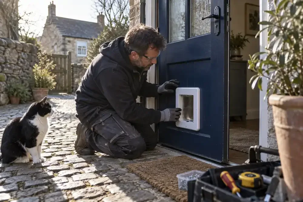 Fitter positioning a cat flap in a dark door panel