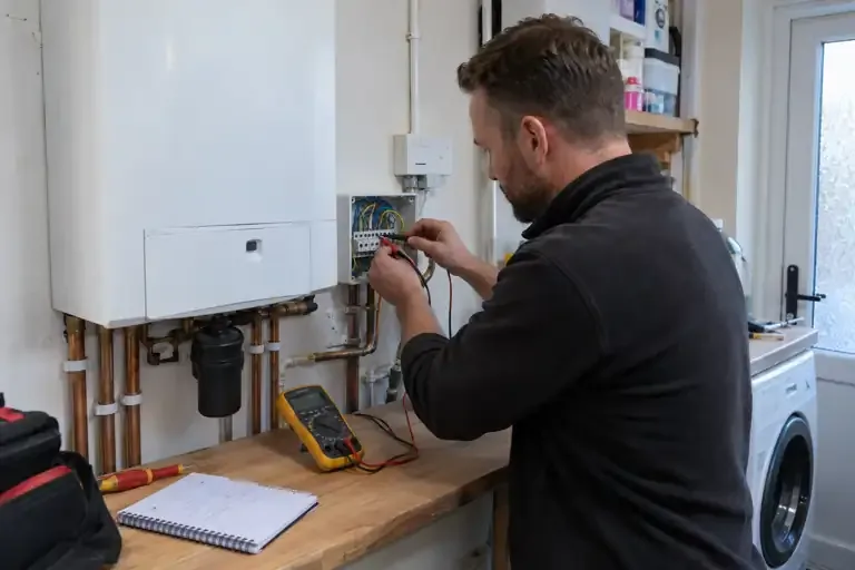 Boiler wiring fault finding: a professional electrician assessing or carrying out the electrical work.