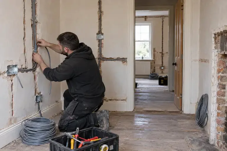 Electrician routing new cables through chased walls during a house renovation.
