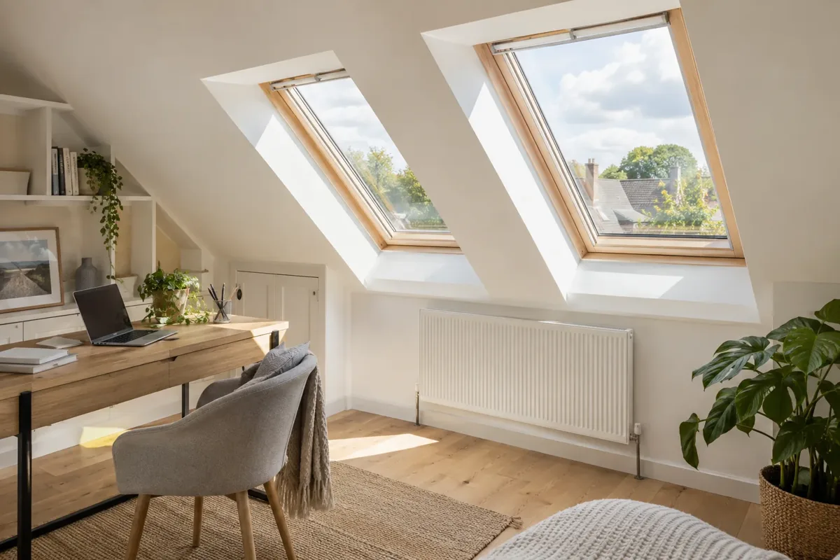 Bright finished rooflight loft conversion in a British home, two roof windows set naturally into a sloping ceiling, warm oak floor and a simple home office corner, accurate roof geometry, clean soft white finishes.