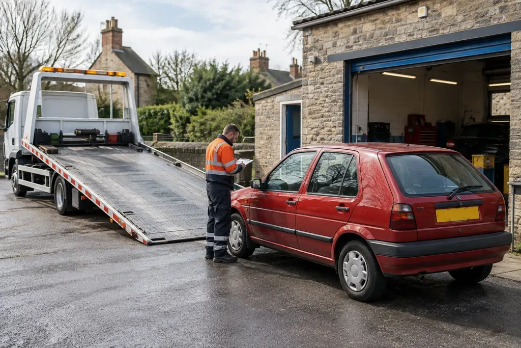A non-running car ready for collection beside a garage