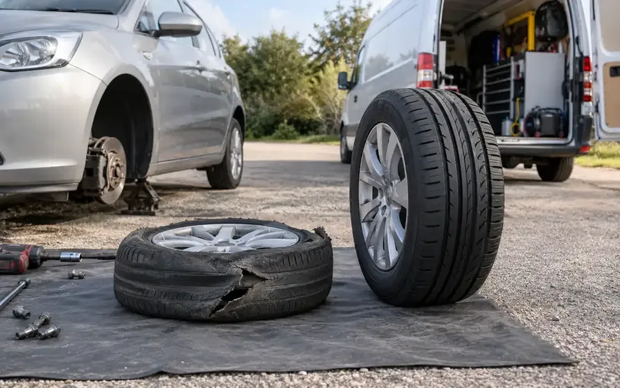 Damaged passenger-car tyre beside an intact replacement tyre