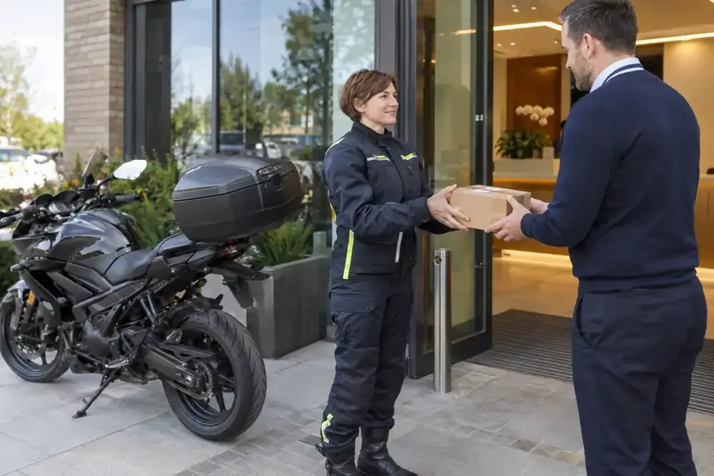 a motorcycle courier preparing or handing over a suitable consignment