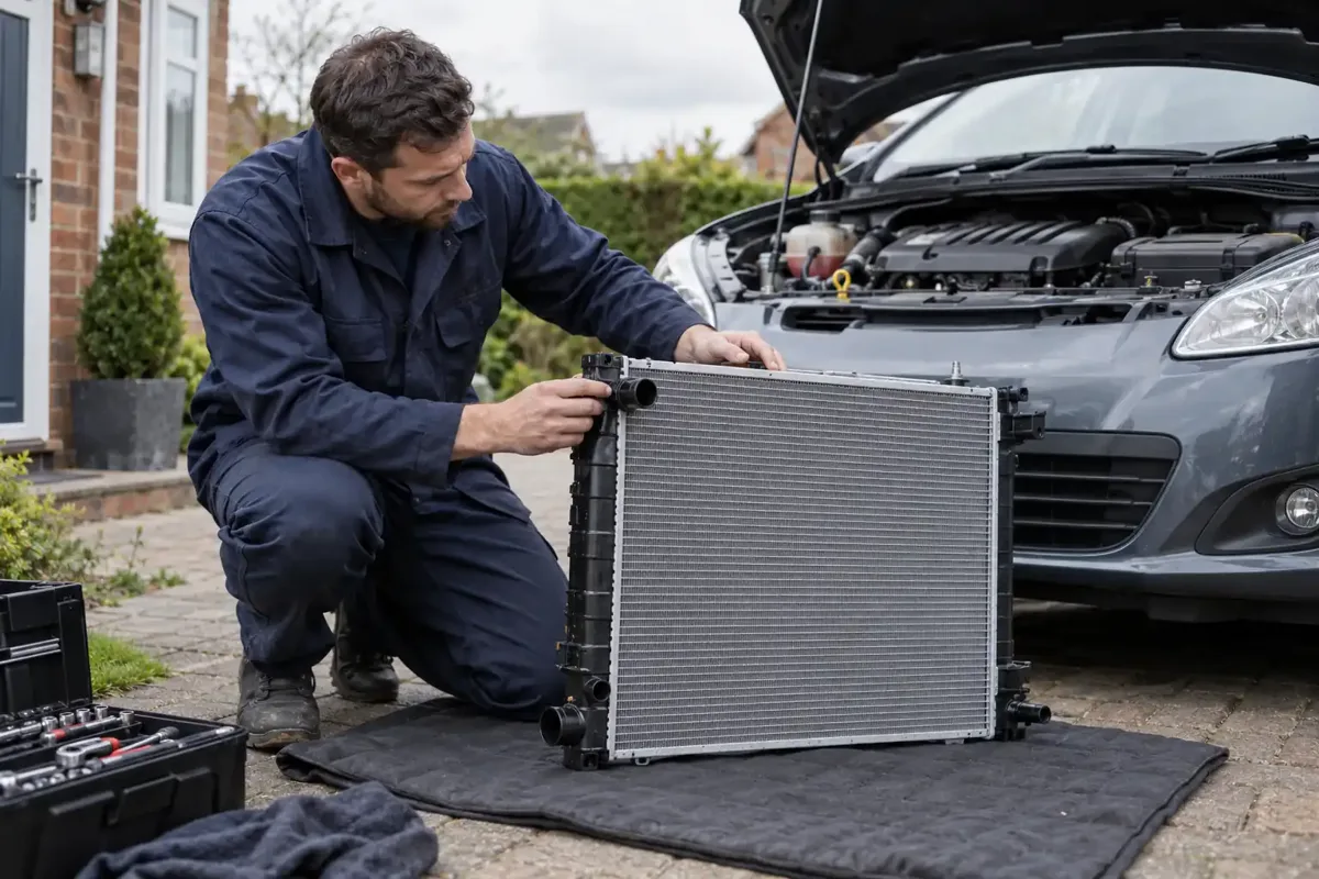 Replacement radiator prepared beside a parked car