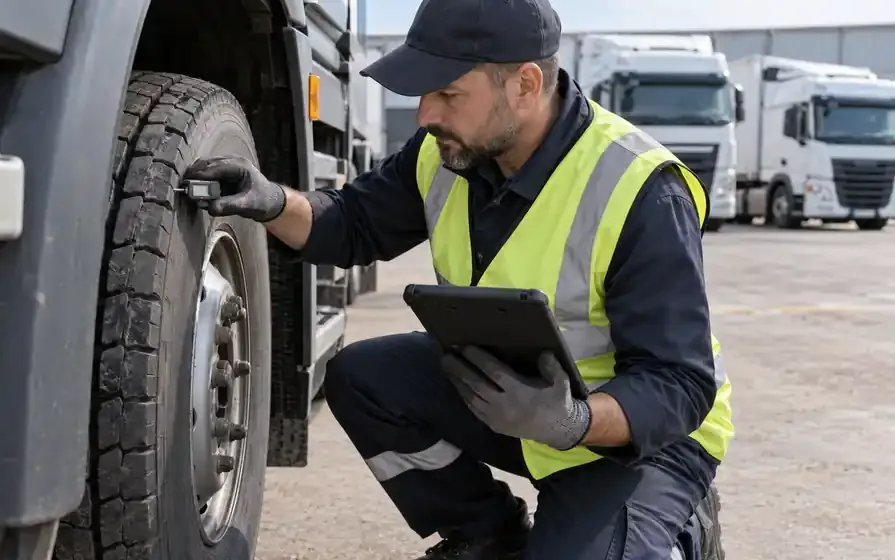 Technician checking a lorry tyre with a handheld gauge while holding a tablet at a fleet depot.