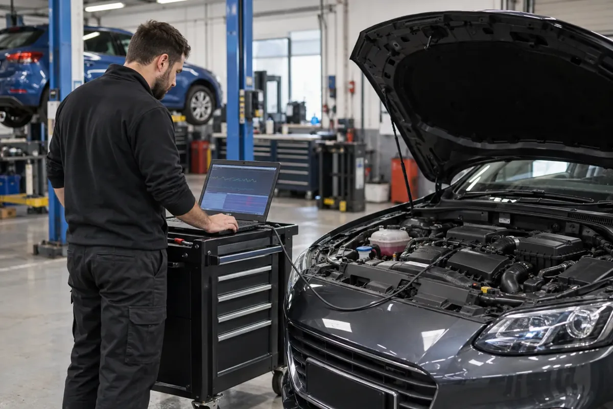 Automotive diagnostic laptop connected to a car.