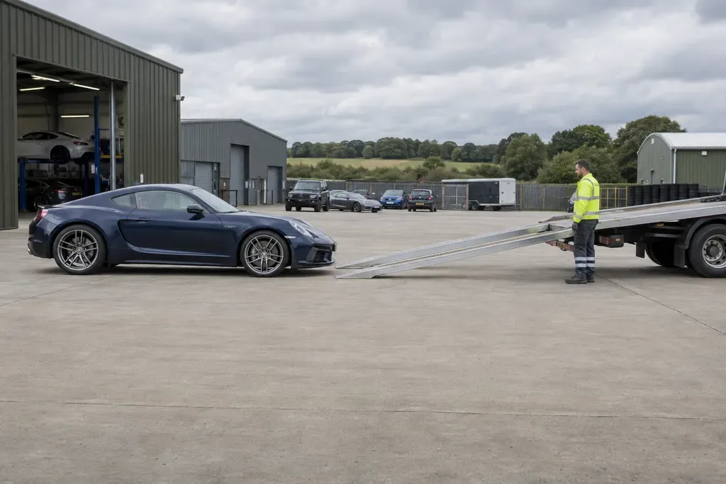 Low sports coupe aligned with shallow extended recovery ramps
