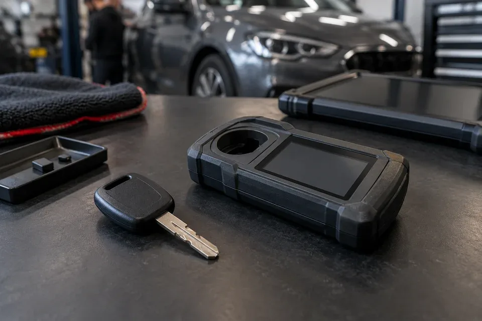 Automotive transponder key beside professional coding equipment