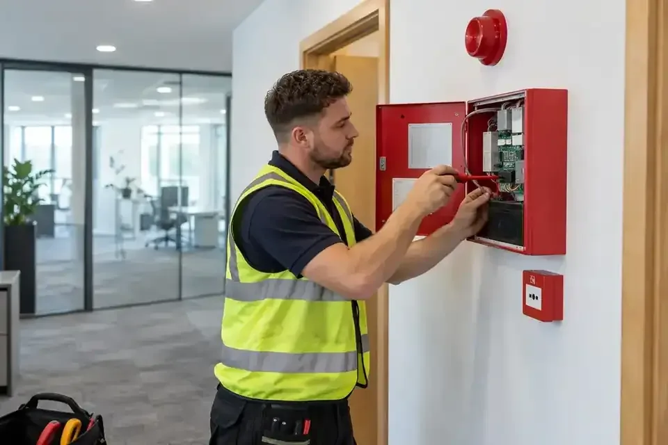 Electrical technician works on a commercial fire-alarm control panel.