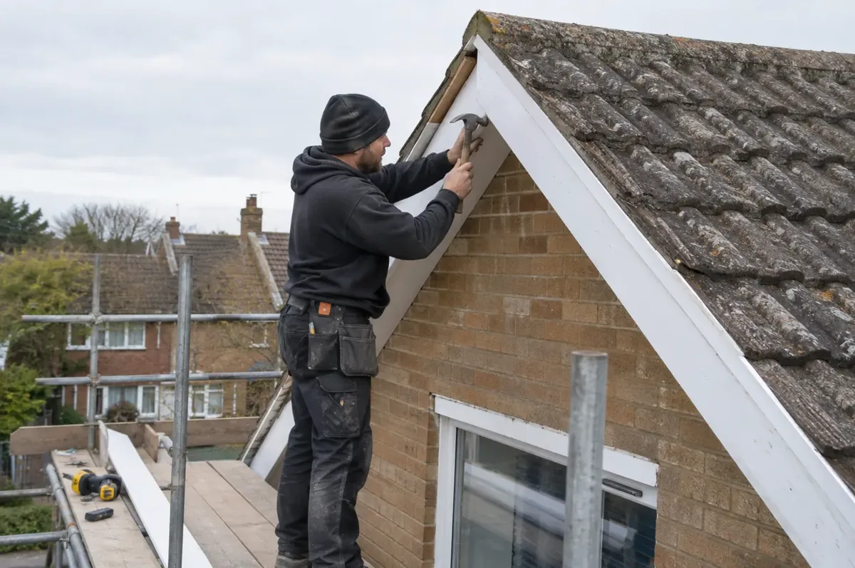 Installer fixing a white sloping bargeboard along the edge of a tiled gable roof.