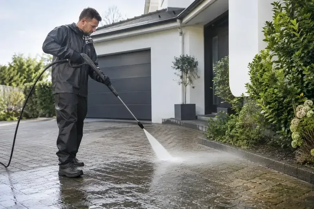 Technician pressure washing a block-paved driveway