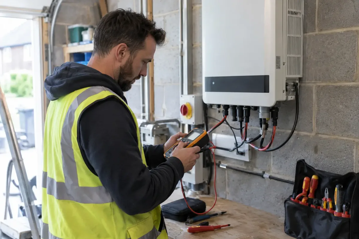 Solar electrician using a handheld electrical tester at a wall-mounted inverter and cable connections.