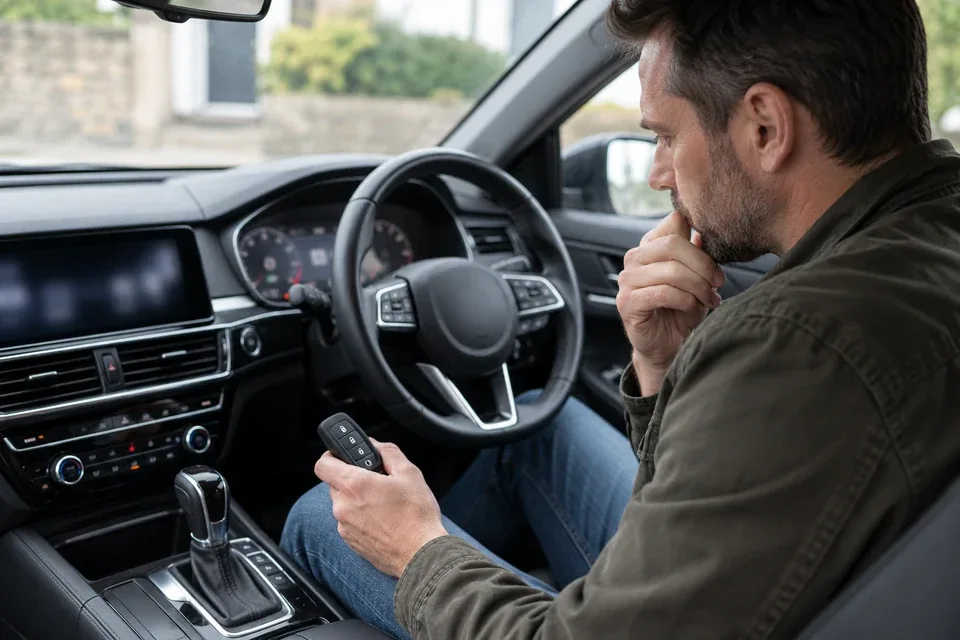 Driver checking a smart key inside a modern parked car