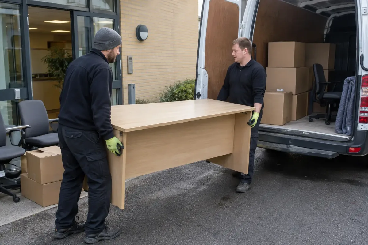 Two gloved clearance workers carrying an office desk towards an open removal van, with office entrance, chairs and boxes visible.