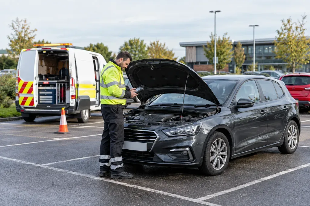A recovery technician assessing a stationary car in a car park