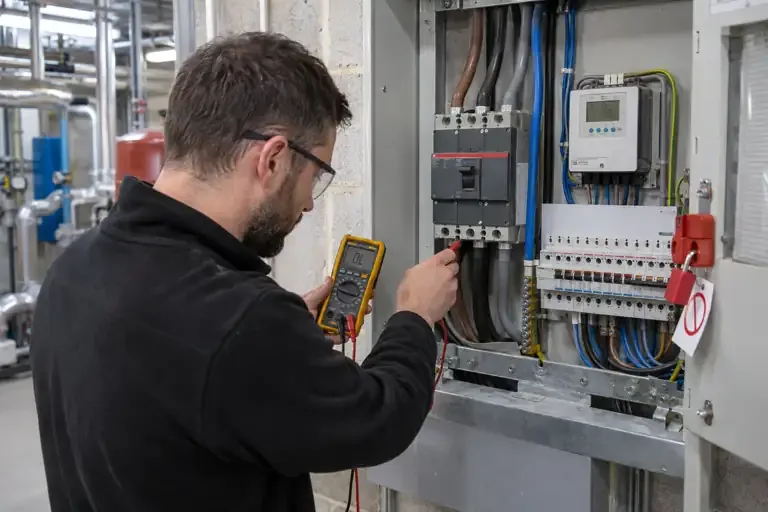 Electrician checking a three-phase electrical panel using test equipment.