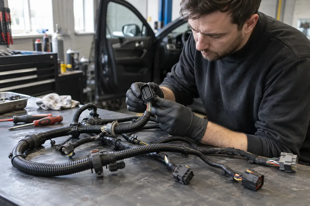 Automotive wiring loom and connectors being inspected on a workbench.