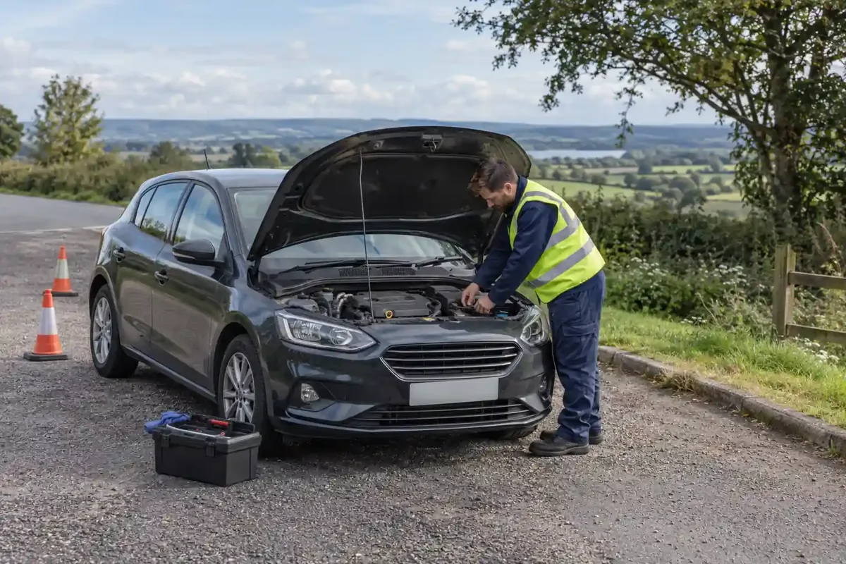 Roadside mechanic inspecting a car in a safe layby