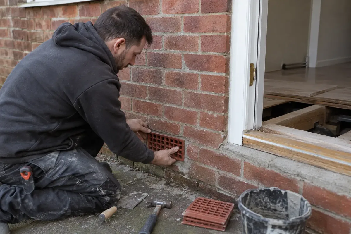 Installer fitting a rectangular airbrick ventilation grille into the lower exterior brick wall of a UK house at suspended-floor level. Nearby lifted internal floorboard visible through an open doorway suggests timber floor void, clear airbrick opening and hand tools.