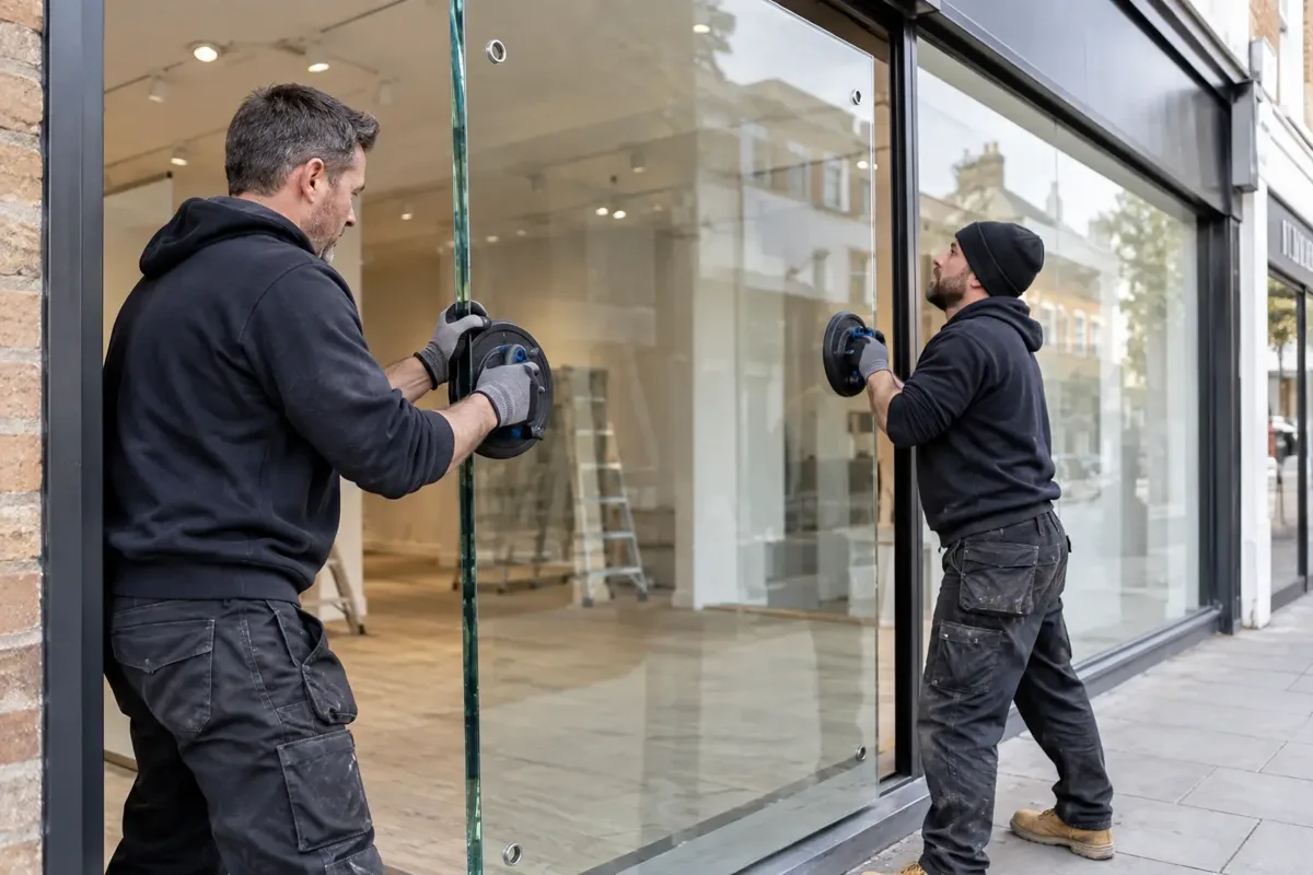 Glazier fitting a toughened glass panel into a shopfront