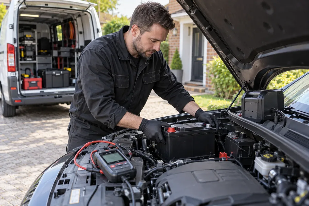 Mechanic fitting a replacement car battery beside battery-testing equipment