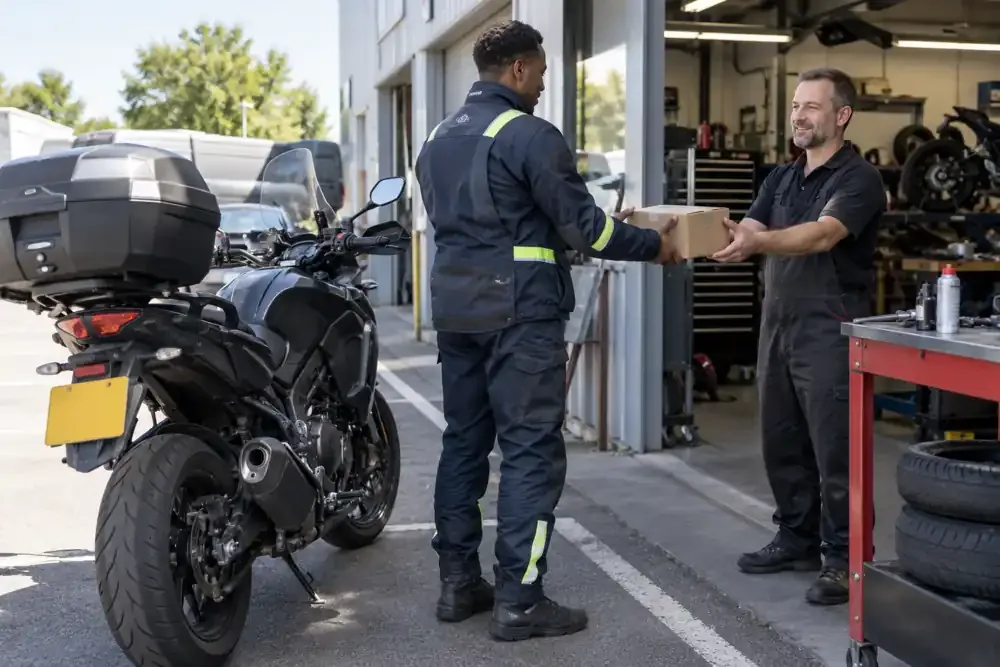 a motorcycle courier preparing or handing over a suitable consignment