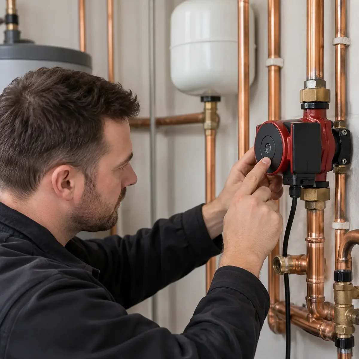 Engineer checking a heating circulation pump.