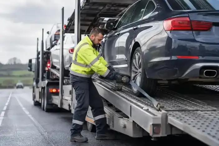 Vehicle transporter operator secures a car on a multi-car transporter.
