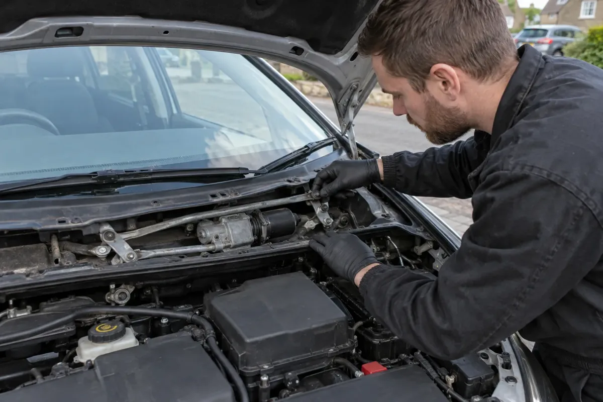 Technician inspecting a windscreen wiper motor and linkage.