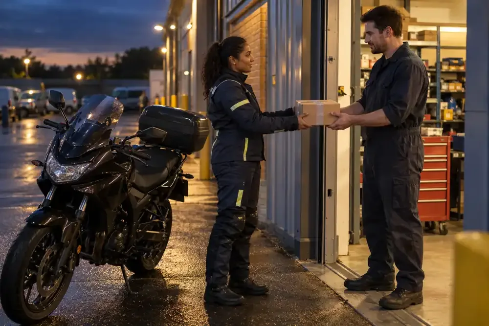 a motorcycle courier preparing or handing over a suitable consignment