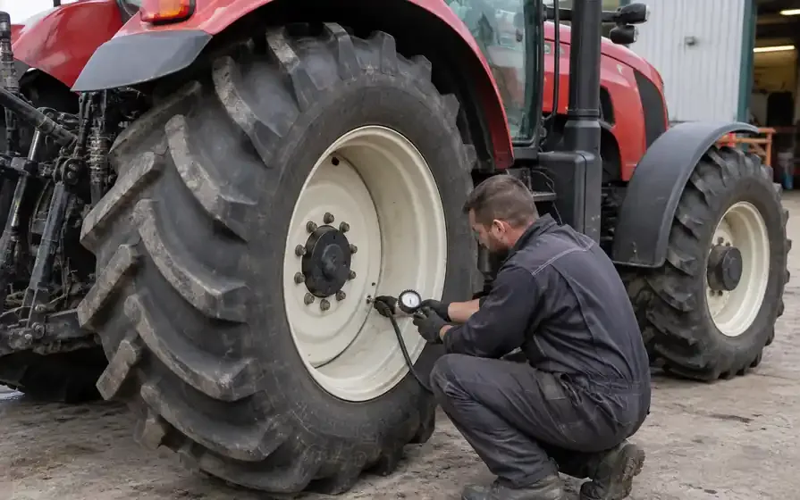Technician checking pressure at the valve of a large rear tyre on a red tractor.
