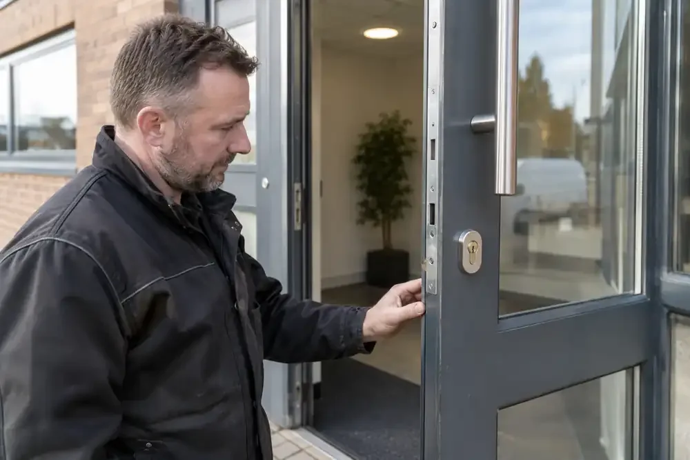 Technician fitting robust security cylinder to open commercial entrance door.