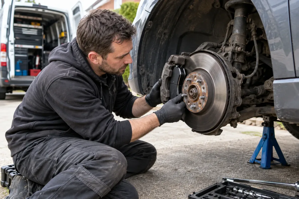 Mechanic inspecting a brake disc and caliper with the car supported for repair