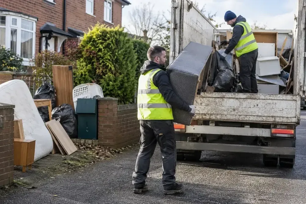 Two workers loading old furniture onto a clearance truck
