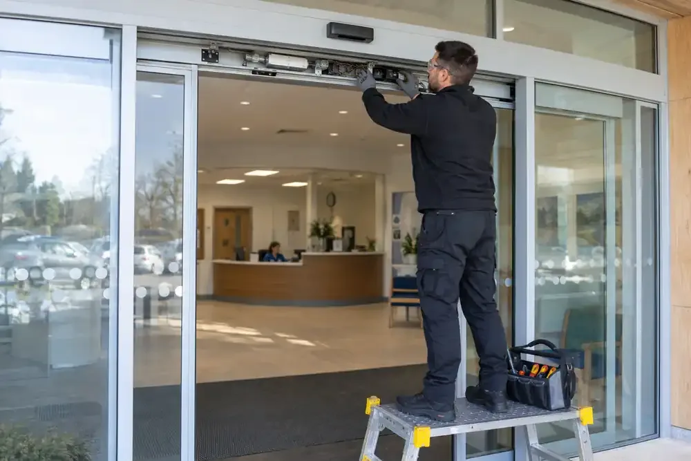 Modern clinic entrance: technician inspecting the overhead operator of automatic sliding glass doors from a secure low podium, doors parted centrally, clear visible aluminium frame and sensor.