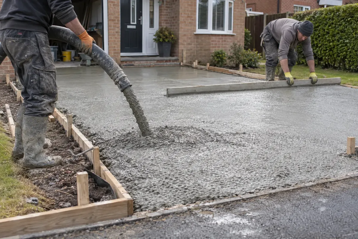 Workers in boots and gloves pump fresh concrete through a thick delivery hose into the shaped driveway leading from a UK house to the pavement. Timber edge forms, a worker levels the surface with a long screed board, recognisable driveway route.