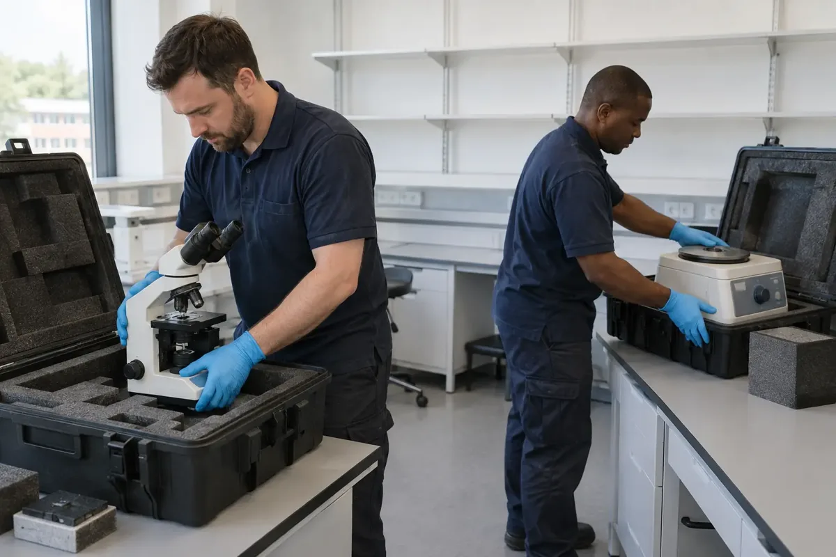 Specialist movers in a clean laboratory packing a disconnected benchtop microscope and compact laboratory centrifuge into shaped foam transport cases; laboratory benches and empty glass-free shelves visible, nitrile gloves and clean workwear, no biological specimens or active chemicals.
