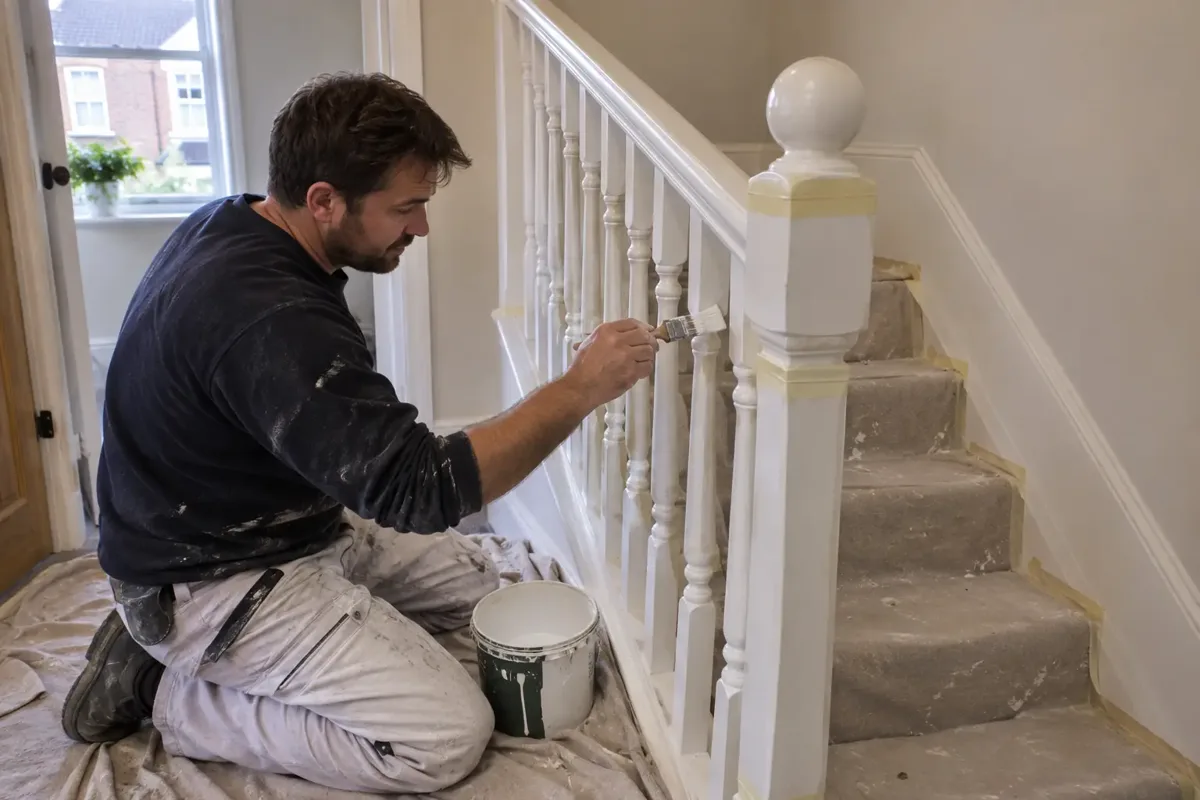 A decorator kneeling stably on a protected staircase landing, painting white wooden stair spindles and handrail with a small brush, clearly visible stair treads and risers, masked edges, paint pot and dust sheet.